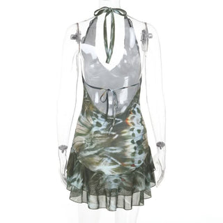 Halter self tie v neck print ruffle mini dress