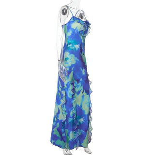 Ruffle hollow out self tie print cami cut out maxi dress