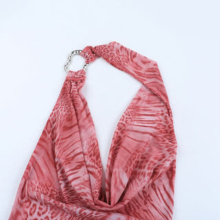 Leopard print cowl neck halter mesh maxi dress