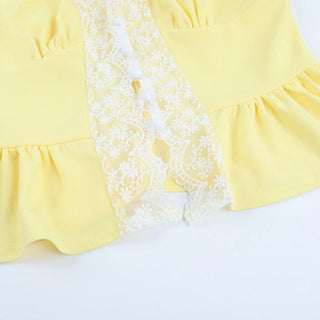 Lace hem v neck button ruched tank top