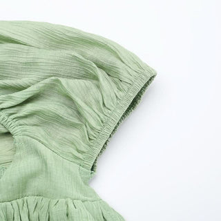 Ruched puff sleeve self tie backless maxi dress