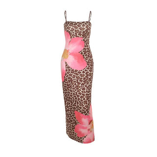 Leopard print square neck slit cami maxi dress
