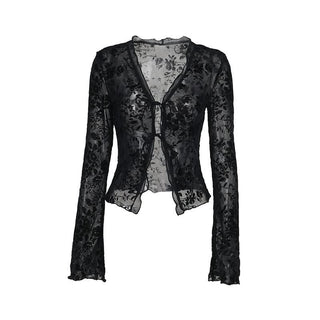 Long sleeve ruffle v neck print self tie top