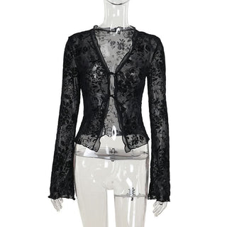 Long sleeve ruffle v neck print self tie top