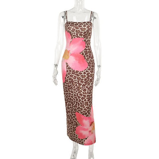 Leopard print square neck slit cami maxi dress