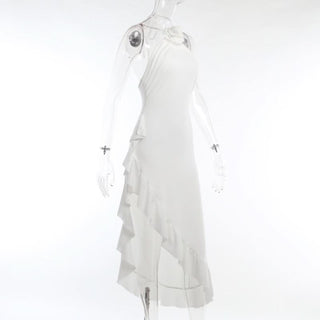 Ruffle irregular flower applique halter slit midi dress