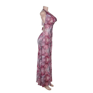 Cowl neck halter self tie print mesh maxi dress