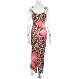 Leopard print square neck slit cami maxi dress
