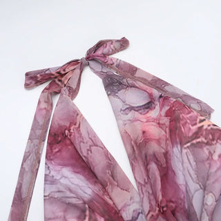 Cowl neck halter self tie print mesh maxi dress