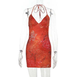 Self tie halter v neck print backless mini dress