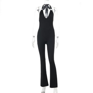 O ring halter self tie v neck black jumpsuit
