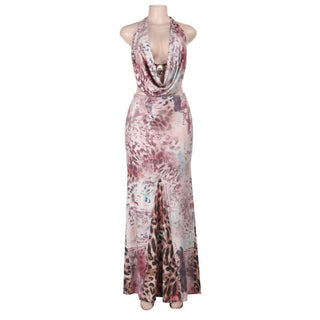 Ruched cowl neck print halter self tie maxi dress