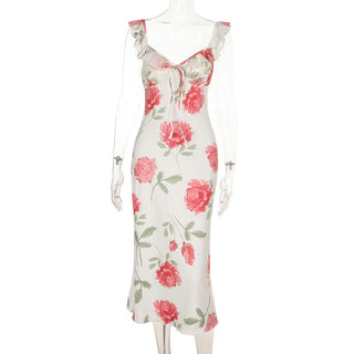 Ruffle self tie v neck flower print cami midi dress