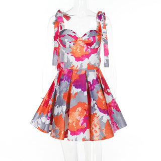 Pleated v neck self tie print cami mini dress