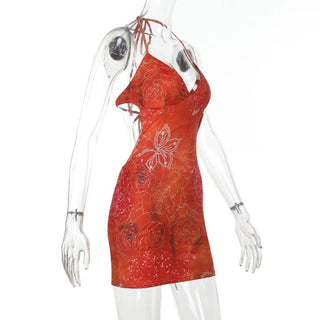 Self tie halter v neck print backless mini dress