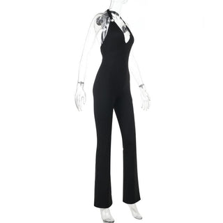 O ring halter self tie v neck black jumpsuit