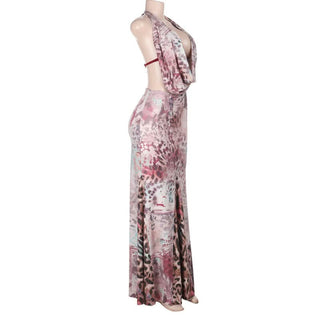 Ruched cowl neck print halter self tie maxi dress