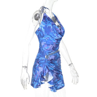 Irregular halter cowl neck slit o ring mini dress