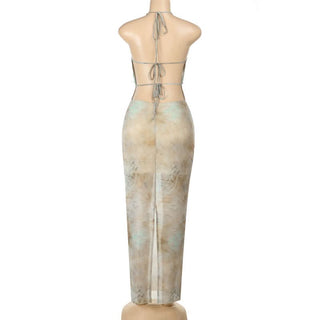 Halter cowl neck beaded slit print maxi dress