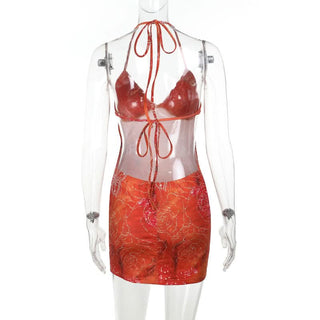 Self tie halter v neck print backless mini dress