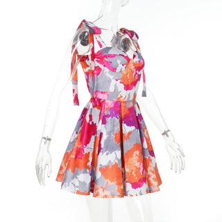 Pleated v neck self tie print cami mini dress