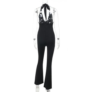 O ring halter self tie v neck black jumpsuit