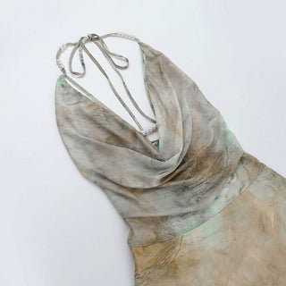 Halter cowl neck beaded slit print maxi dress