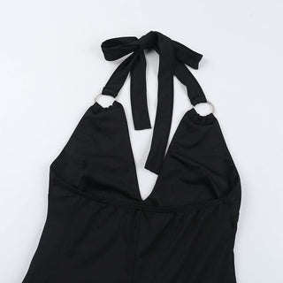 O ring halter self tie v neck black jumpsuit