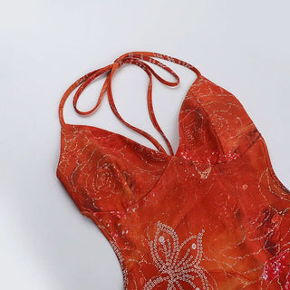 Self tie halter v neck print backless mini dress