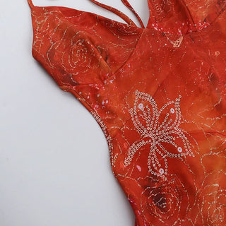 Self tie halter v neck print backless mini dress