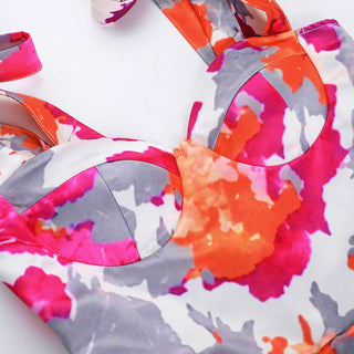 Pleated v neck self tie print cami mini dress