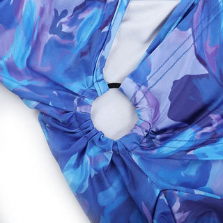 Irregular halter cowl neck slit o ring mini dress