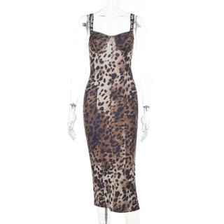 Leopard print slit v neck cami midi dress