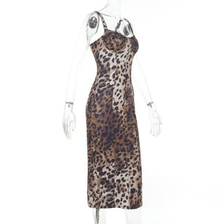 Leopard print slit v neck cami midi dress