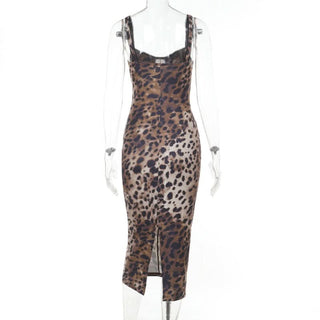 Leopard print slit v neck cami midi dress