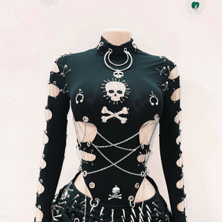 Long sleeve hollow out metal chain skull applique cut out top