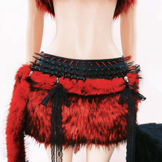Fluffy skull applique zip-up lace hem tube top