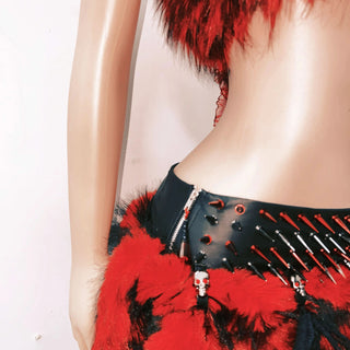 Fluffy skull applique zip-up lace hem tube top