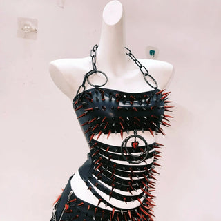 Hollow out long sleeve o ring rivet applique mini skirt set