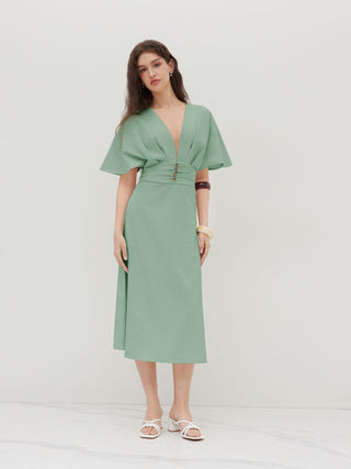 Wedding Wedding Guest Dress wedding guest wedding Linen-blend Linen-blend V-neck Solid Ruffle Ruched Midi Dress For Work