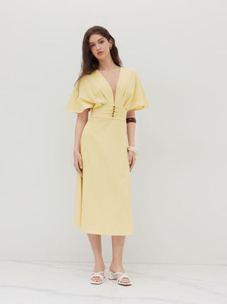 Wedding Wedding Guest Dress wedding guest wedding Linen-blend Linen-blend V-neck Solid Ruffle Ruched Midi Dress For Work