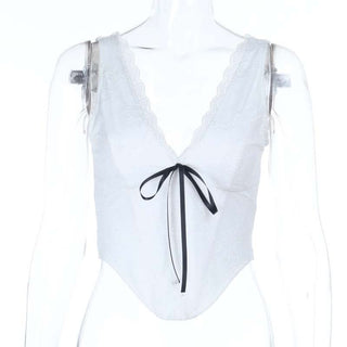 Lace hem v neck corset ribbon tank top