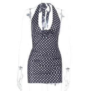 Polka dot self tie halter flower applique mini dress