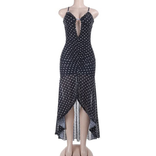 Mesh polka dot ruched ruffle cami midi dress