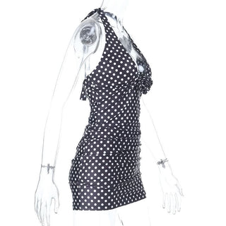 Polka dot self tie halter flower applique mini dress