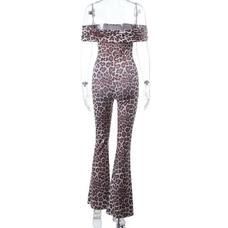 Leopard print off shoulder ruched jumpsuit