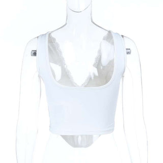 Lace hem v neck corset ribbon tank top