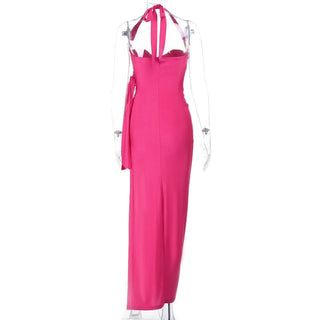 Halter self tie ruched v neck slit maxi dress