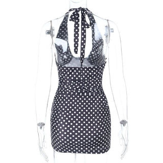 Polka dot self tie halter flower applique mini dress
