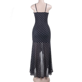 Mesh polka dot ruched ruffle cami midi dress